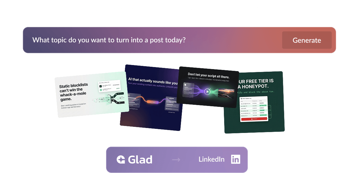 Glad AI Dashboard showcasing content generation